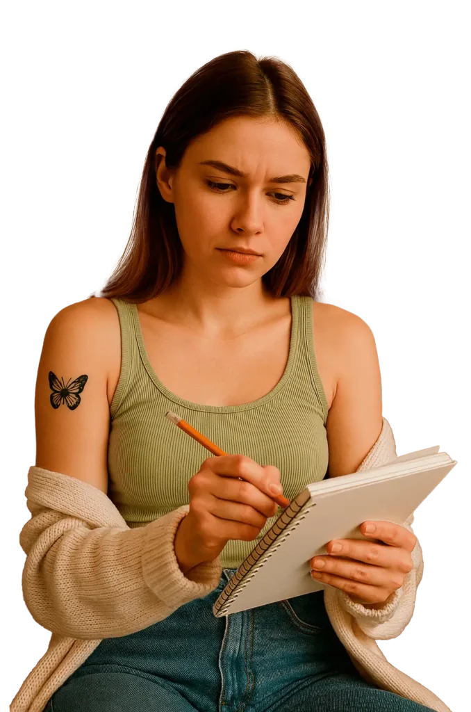 Девушка с татуировкой бабочки пишет в блокноте